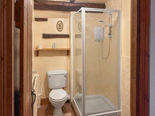 a bathroom with a shower and a toilet at Millstone Cottage - Uk46676 in Highley
