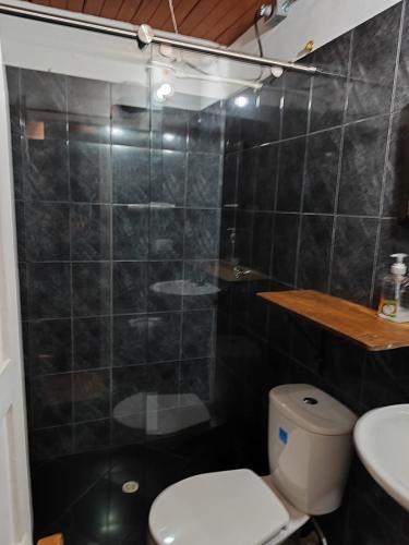 a bathroom with a toilet and a glass shower at Alojamiento Rural Altos del Molino in Los Andes