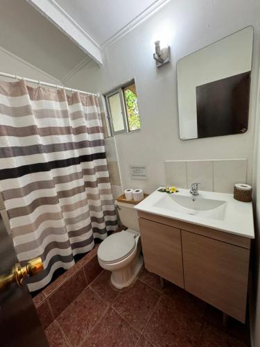 y baño con aseo, lavabo y espejo. en Hostal Raioha, en Hanga Roa