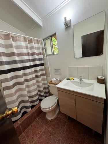 a bathroom with a toilet and a sink and a mirror at Hostal Raioha in Hanga Roa