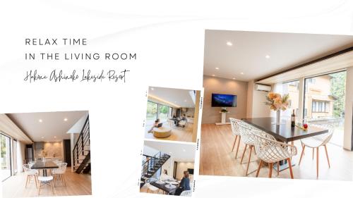 a collage of photos of a living room and dining room at Hakone Ashinoko Lakeside Resort - 箱根芦ノ湖レイクサイドリゾート in Hakone