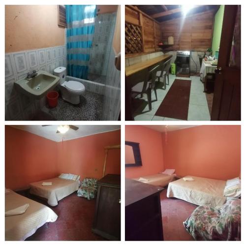 quatro fotografias de um quarto com duas camas e uma casa de banho em Casas de Qlí em Santiago Atitlán