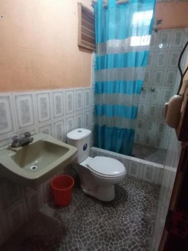 a bathroom with a toilet and a sink and a shower at Casas de Qlí in Santiago Atitlán