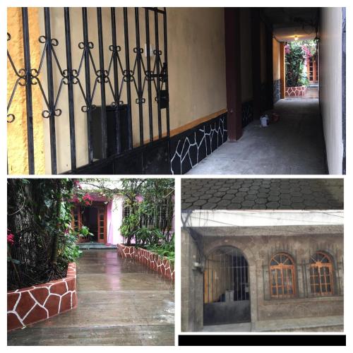 uma colagem de fotos com um portão e um edifício em Casas de Qlí em Santiago Atitlán