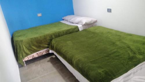two beds with green covers in a room at Apartamento hermosa vista in Líbano