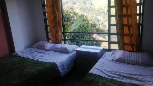 two beds in a room with a large window at Apartamento hermosa vista in Líbano