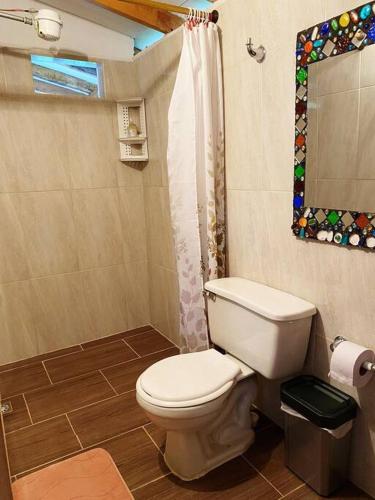 uma casa de banho com um WC e uma cortina de chuveiro em Casa Finca Las Chispas em Medellín