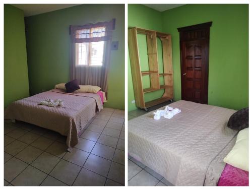 two pictures of a room with two beds and a window at Casas de Qlí in Santiago Atitlán