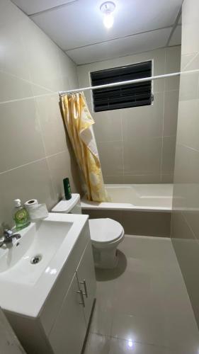 a bathroom with a white toilet and a sink at Apartamento dos habitaciones in Mexicanos