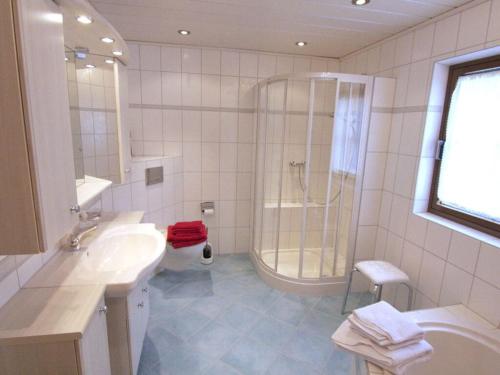 a bathroom with a shower and a sink and a tub at Schellenberg Modern retreat in Deggendorf