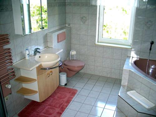 een badkamer met een roze toilet en een wastafel bij Rose ambience Modern retreat in Bad Langensalza