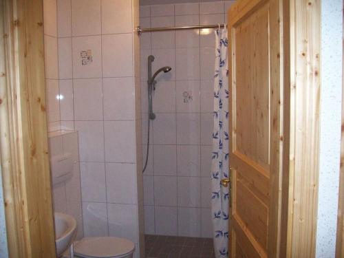 a bathroom with a shower with a toilet and a sink at Breitenbach Modern retreat in Harbshausen