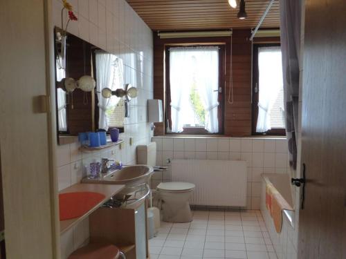 a bathroom with a sink and a toilet and windows at "Weserbergland" Modern retreat in Beverungen