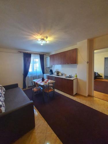 a living room and kitchen with a couch and a table at Cetate Apartament in Alba Iulia