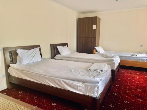 two beds in a room with a red carpet at Dostyq Kokshetau in Kokshetau