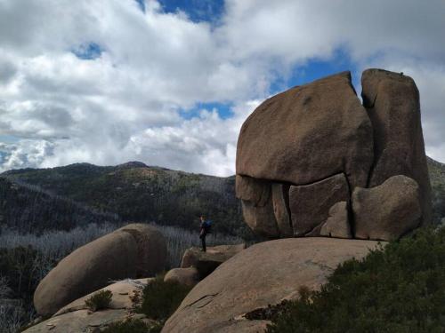 a person standing next to a large rock at Close to Town and Very Private in Myrtleford
