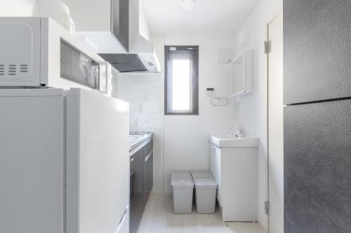 a white bathroom with a sink and a refrigerator at 67 Apt Koenji Tokyo in Tokyo