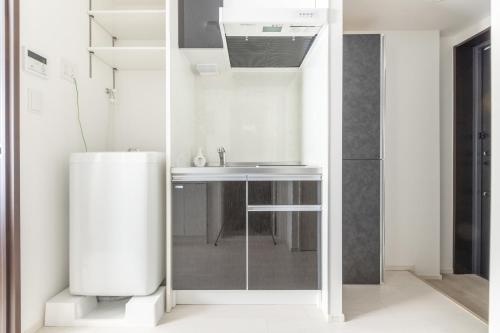 a white bathroom with a sink and a mirror at 67 Apt Koenji Tokyo in Tokyo