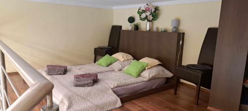 セゲドにあるSzandi Belvárosi Apartmanのベッドルーム1室(緑の枕が付いたベッド1台付)