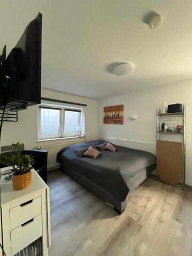 een slaapkamer met een bed en een flatscreen-tv bij ruhige Sout. Whg. Feldrandnähe in Seligenstadt