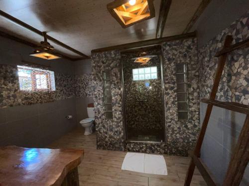 a bathroom with a shower and a toilet at Anse Severe Beach Villas in La Digue