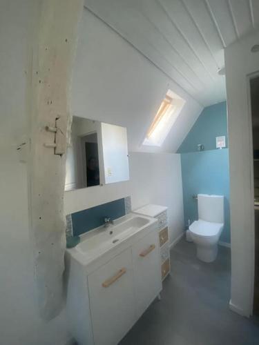 une salle de bain blanche avec des toilettes et un lavabo dans l'établissement Chez Serge. Gîte 6/8 personnes. Piscine, à Paunat