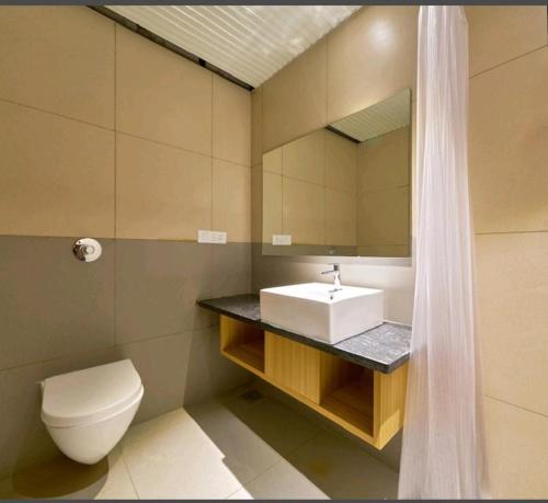 a bathroom with a sink and a toilet and a mirror at Hotel Elite Inn- In Front Of Railway Station in Kolhapur
