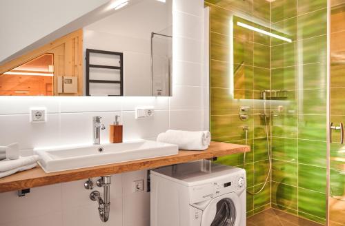 a bathroom with a sink and a washing machine at Mountain Suite A10 in Tauplitz