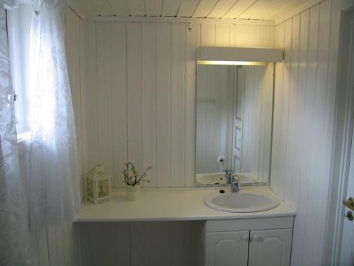 a bathroom with a sink and a mirror at "Butikken" - sea cabins in Ulvik