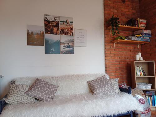 - un canapé blanc avec des oreillers et des affiches sur un mur dans l'établissement Chalet Grazia, à Valgiano