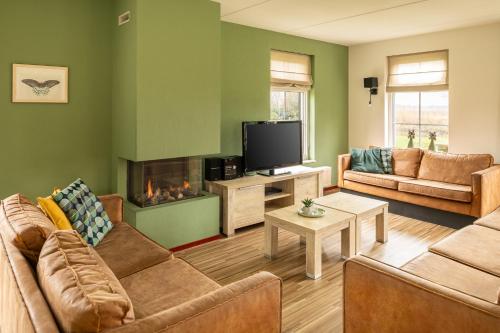 een woonkamer met 2 banken en een open haard bij Summio Vakantiepark Emslandermeer in Vlagtwedde