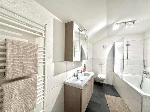 Baño blanco con lavabo y aseo en Business Apartemtents Oberbipp ZIMMERzuVERMIETEN en Oberbipp