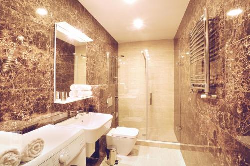 a bathroom with a sink and a toilet and a shower at Familion ApartHotel in Chişinău