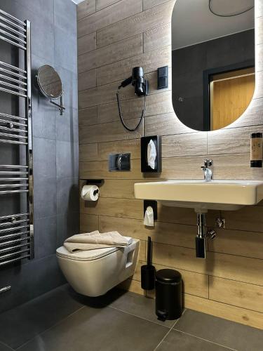 a bathroom with a toilet and a sink at DAS ERZ Medical Spa & Hotel in Crottendorf