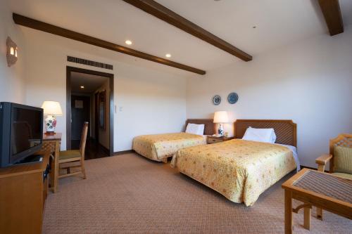 a hotel room with two beds and a flat screen tv at Hotel Shima Spain Mura in Shima