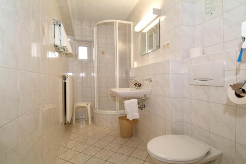 a white bathroom with a toilet and a sink at Hotel Alpina Regina in Biberwier