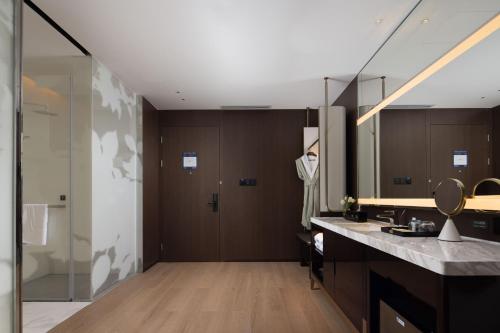 深圳的住宿－深圳南山科技园希尔顿欢朋酒店，一间带水槽和淋浴的浴室