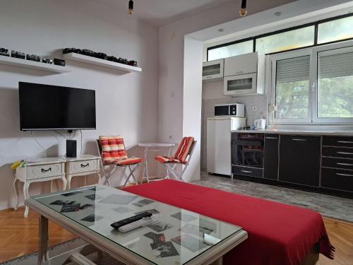 een woonkamer met een tafel en een televisie en een keuken bij Apartment Lucky Lu in Bar