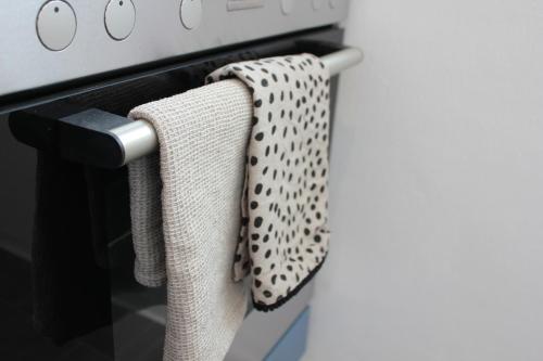 two towels are hanging on an oven door at Blaues Paradies in Bad Rodach