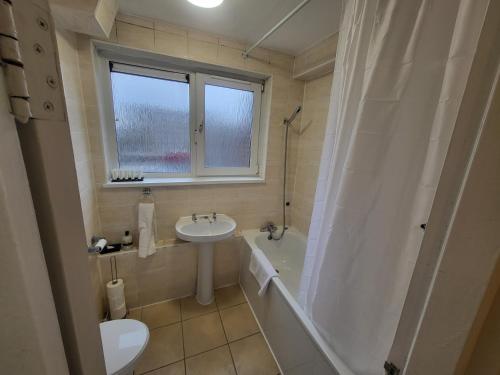a bathroom with a sink and a toilet and a shower at Garland Modern Spacious Flat, London in London