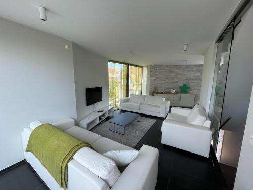- un salon avec un canapé blanc et une télévision dans l'établissement Modern holiday home near Bruges and the North Sea, à Dudzele
