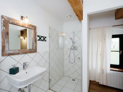 a bathroom with a sink and a shower at Płonica 1 in Złoty Stok