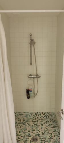 baño con ducha y suelo de baldosa. en PISO CON TERRAZA, en Ribadeo