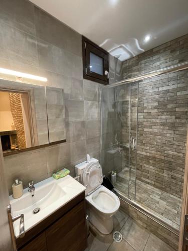 een badkamer met een toilet, een wastafel en een douche bij Villa NaVa in Kalívia Thorikoú