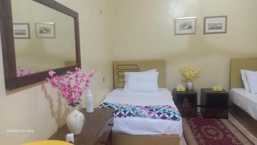 Habitación de hotel con cama y espejo en Tut Amun, en Abu Simbel