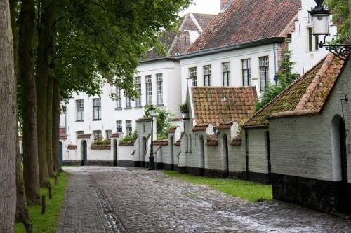 a cobblestone street in front of a white building at Two guest-rooms in stylish villa - free bikes in Bruges
