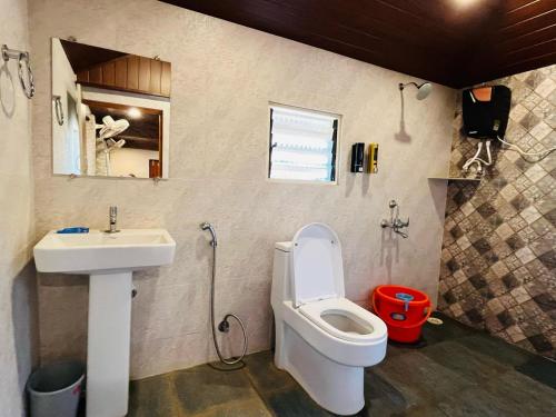 La salle de bains est pourvue de toilettes et d'un lavabo. dans l'établissement GOKARNA JUNCTION - A vintage homestay, à Gokarna