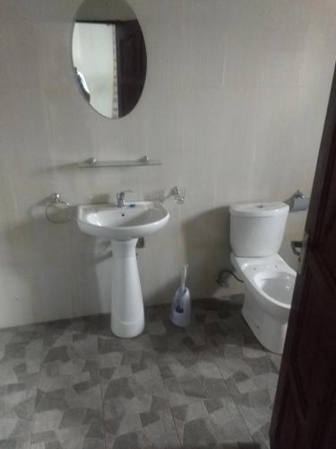 a bathroom with a sink and a toilet and a mirror at TwoSix24 Guest house in Kasi