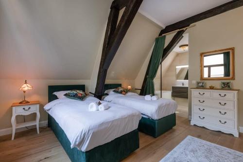 1 dormitorio con 2 camas y espejo. en Authentic apartment in the historic center of Antwerp en Amberes