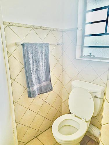 a bathroom with a toilet and a blue towel at Classic Loft in Pretoria
